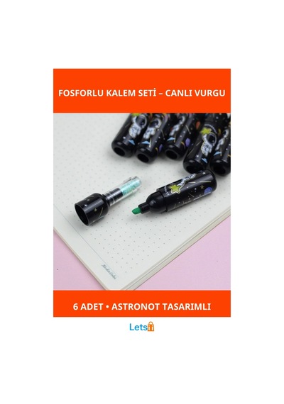 Astronot Desenli Fosforlu Kalem Seti 6 Adet Çok Renkli