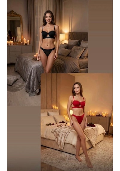 Trend Dokunuş Kadın 2'li Kırmızı-siyah İstiridye Model Saten Şeritli Tül Detaylı Dolgulu Sütyen Külot İç Çamaşırı Takımı Kırmızı - Siyah Trend Dokunuş Kadın 2'li Kırmızı-siyah İstiridye Model Saten Şeritli Tül Detaylı Dolgulu Sütyen Külot İç Çamaşırı Takımı Kırmızı - Siyah