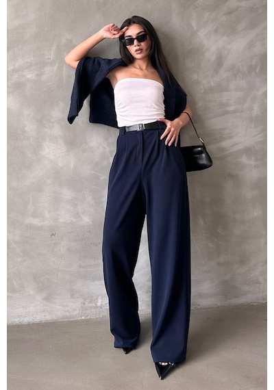 Madmext Lacivert Çift Pileli Kemerli Pantolon Mg2330 Lacivert