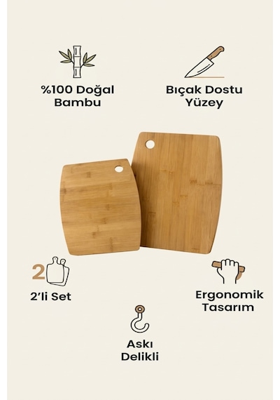 Makri Home 2 Li Bambu Kesme Tahtası Ve Sunum Seti Doğal Ahşap, Dayanıklı, Çok Amaçlı Mutfak Kesim Panosu Ahşap