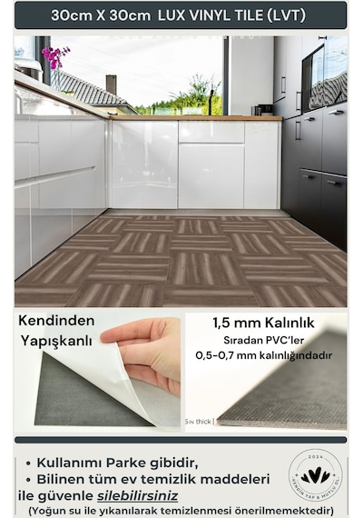 Technojet Kendinden Yapışkanlı Parke Tasarım Mutfak Banyo Zemin Duvar Kaplama 30cm 30cm 4'lü Paket