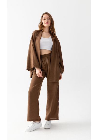 Zen Elegance Kadın Kimono Takım - Geniş Paça Keten Dokulu Alt Üst Yazlık Kadın Takım Kahve Zen Elegance Kadın Kimono Takım - Geniş Paça Keten Dokulu Alt Üst Yazlık Kadın Takım Kahve