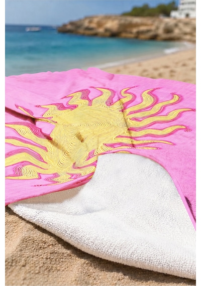 Güneş Temalı Fuşya Plaj Havlusu-bohem Sanatsal Pembe Sarı Havuz Deniz Hızlı Kuruyan Mikrofiber Havlu Uçuk Leylak