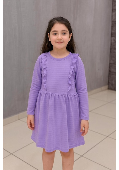 Fırfırlı Uzun Kollu Pamuk Mevsimlik Lila Renk Kız Çocuk Elbise-90776 Lila