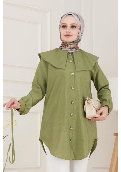Sevitli Beli Bağcık Detaylı Geniş Yaka Tunik-yeşil-4992 Yeşil