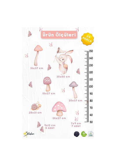 Sevimli Tavşan Boy Ölçer Duvar Sticker Seti 29 Parça Çocuk Odası Boy Cetveli Pastel Pembe Tavşan Dijital Baskı