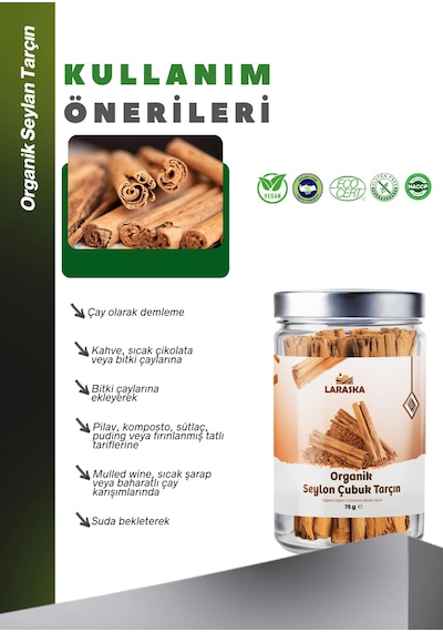 Organik Seylon - Seylan Çubuk Tarçın 75g- Organic Ceylon Cinnamon Sticks 75g Cam