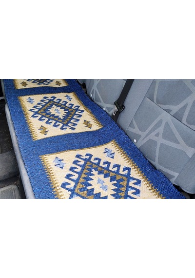 Reversible Oto Koltuk Kilim Seti 3 Parça Makine Dokuma Akrilik & Polyester Saçaklı - Mavi