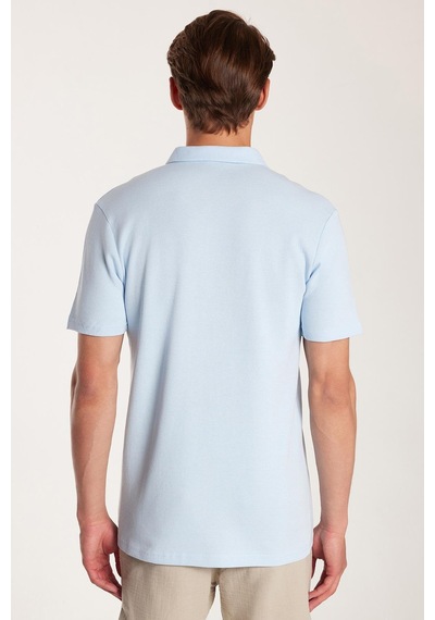 Tudors Erkek Slim Fit Dar Kesim %100 Pamuk Fermuarlı Mavi Polo Yaka Tişört-33771 Mavi