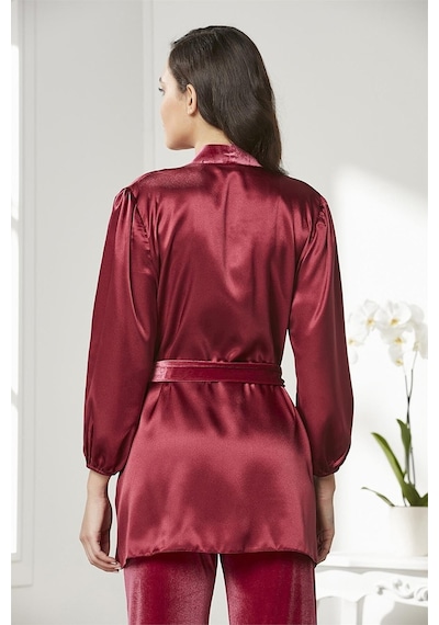 Pierre Cardin 2050 Kadın Kadife Saten Sabahlıklı Pijama Takım-bordo Bordo