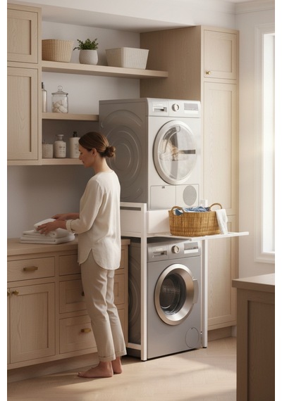 Çamaşır Sepeti Çekmeceli Çamaşır Makinası Ve Kurutma Makinası Rafı Makina Üstü Banyo Düzenleyici Raf Ekru
