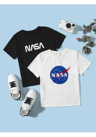 Flood Of Style Erkek 2'li Nasa Baskılı Oversize Bisiklet Yaka Tshirt Siyah