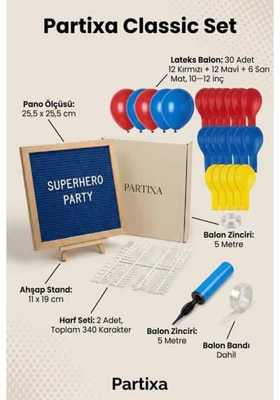 Süper Kahraman Doğum Günü Süsleme Classic Set Koyu Mavi Keçe Yazı Panosu Standlı Balon Zincirli Tüm Yaşlar