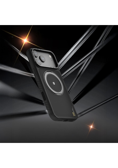 Apple Uyumlu iPhone 17 Pro Max  Kılıf M-safe Şarj Özellikli Metal Standlı Lenyes Ck225 Kevlar Kapak Siyah Siyah