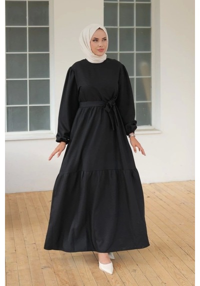 Defymoda Kadın Uzun Kol Bisiklet Yaka Belden Bağlamalı Elbise Siyah Defymoda Kadın Uzun Kol Bisiklet Yaka Belden Bağlamalı Elbise Siyah