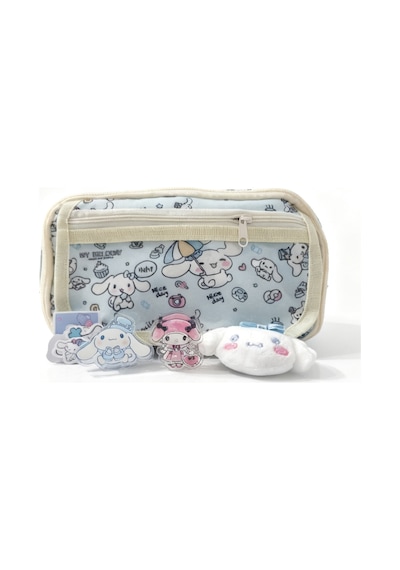 Cinnamoroll Desenli Çok Bölmeli Kalemlik - Peluş Broş-sticker-klips Hediyeli Mavi