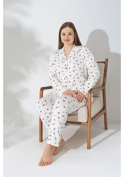 Pijamerry Büyük Beden Uzun Kol Milan Kumaş Pijama Takımı Desenli Beyaz