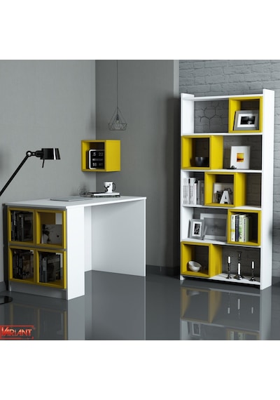 Variant Box Kitaplık Ve Çalışma Masası Takımı - Beyaz / Sarı Beyaz