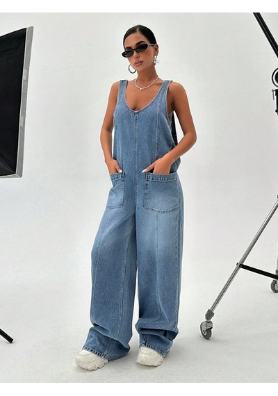 Herton Geniş Paça Yıkamalı Denim Jean Tulum Salopet