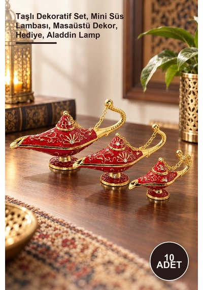 10 Adet Alaaddin Lambası Taşlı Dekoratif Set, Mini Süs Lambası, Masaüstü Dekor, , Aladdin Lamp