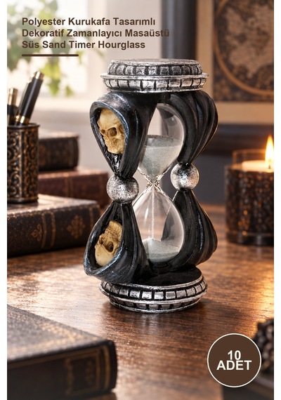 10 Adet Kum Saati Polyester Kurukafa Tasarımlı Dekoratif Zamanlayıcı Masaüstü Süs Sand Timer Hourglass Altın