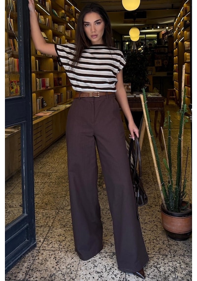 Madmext Kahverengi Yüksek Bel Keten Wide Leg Pantolon Mg2718