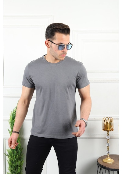 Erkek Gri Melanj Slim Fit Bisiklet Yaka %100 Pamuk Tişört Gri Melanj