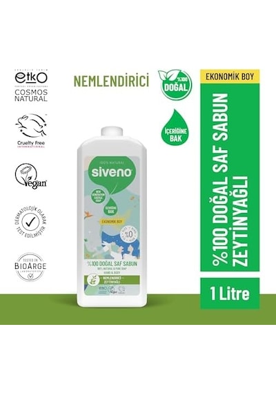 Siveno%100 Doğal Sıvı Kastil Sabun Zeytinyağlı Yoğun Nemlendirici Arındırıcı Bitkisel Vegan 1000 Ml