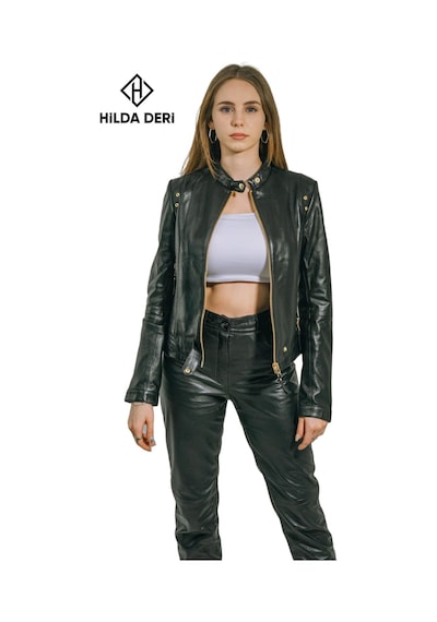 Hilda Deri Viky Siyah Hakiki Deri Altın Renk Aksesuarlı Kadın Ceketi 001