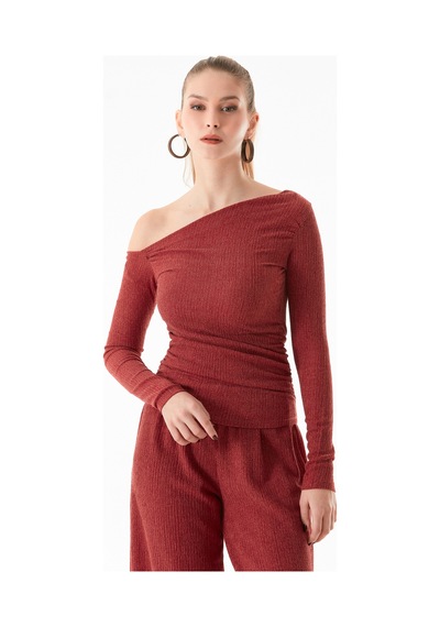 Fullamoda Bürümcük Kumaş Drapeli Kayık Yaka Bluz 25ygb650128140-bordo Bordo