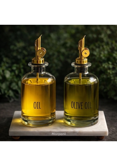 Qerhome Mermer Stantlı 2'li Gold Başlıklı Şeffaf Cam Yağdanlık Seti 500 Ml+500 Ml Oliva Glass Şeffaf
