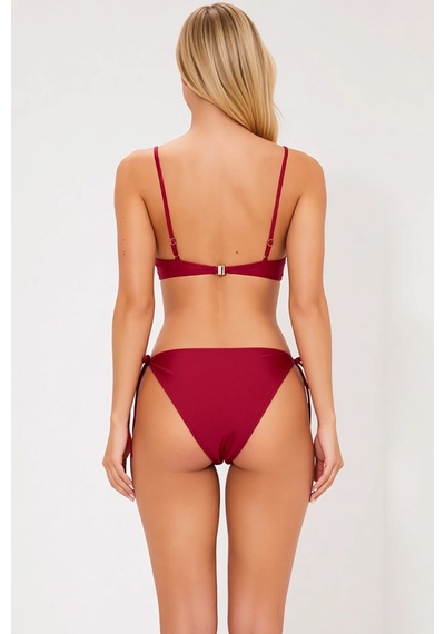 Benerly Kadın Bikini Takımı Bralette Üst Kapsız Askılı Aksesuarlı Yan Bağ Koyu Vişne