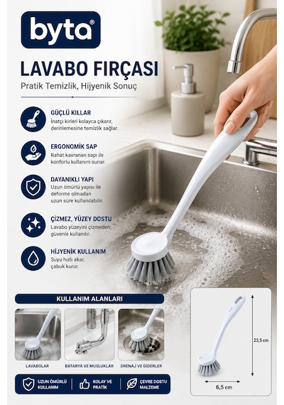Lavabo Temizlik Fırçası Ergonomik Saplı Çok Amaçlı Mutfak, Banyo Ve Gider Temizlik Fırçası