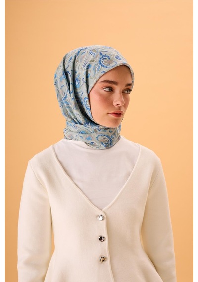 Silk Home İnce Pamuk Soft Eşarp Su Yeşili-gök Mavi Desenli Kaymaz Dokulu Tok Duruşlu 90x90 Çok Renkli