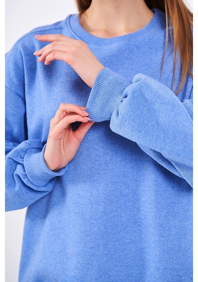Mmetalic Mavi Kadın Pamuklu Oversize Basic Bisiklet Yaka Sweatshirt 001