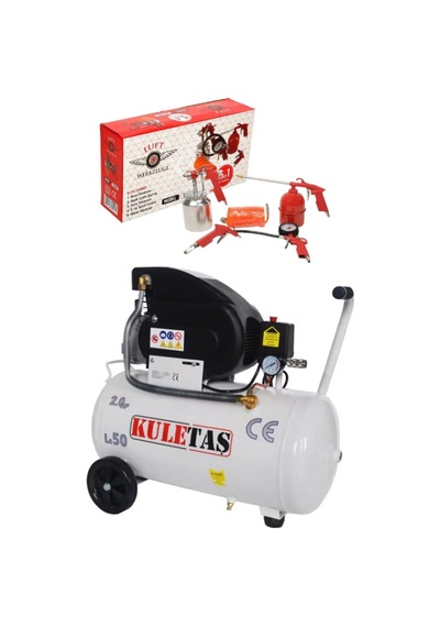 Kuletaş 2201 - 2400 Watt 50 Litre Yağlı Sesli Hava Kompresörü 8 Bar Ve Havalı Alet Seti 5 Parça 600-650 50