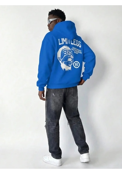 Erkek Premium Baskılı Kapşonlu Sweatshirt Üç İplik İçi Pamuklu Kanguru Cepli - Saks Mavisi Saks Mavisi