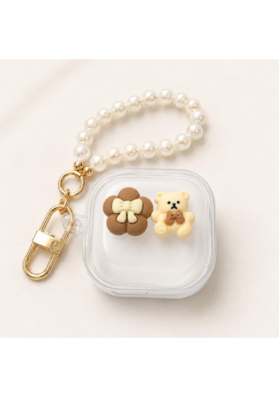 Samsung Galaxy Buds 4 / Buds 4 Pro İle Uyumlu Teddy 3d Ayıcıklı Şeffaf Kulaklık Kılıfı İnci Askılı, Altın Renk Karabinalı, Çiçek Figürlü Koruyucu Kulaklık Kabı