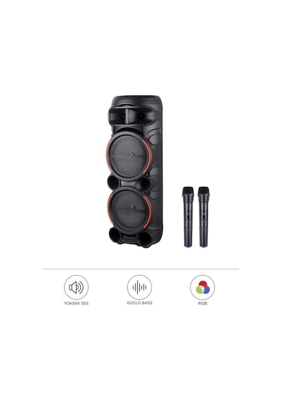 2058 Çift Kablosuz Mikrofonlu Rgb Ledli Taşınabilir Bluetooth Hoparlör Parti Speaker Fm / Usb / Tf