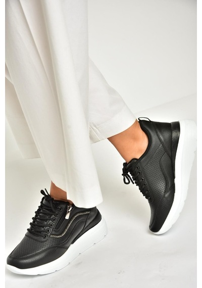 Fox Shoes U702020709 Siyah Kalın Tabanlı Spor Ayakkabı Sneakers Siyah-suni Deri Siyah