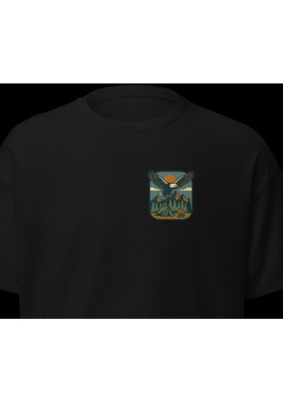 Wildstyle Kartal Renkli Vintage Yaban Hayat Doğa Dağ Rozet Baskılı Unisex Bisiklet Yaka Pamuklu Tişört Siyah