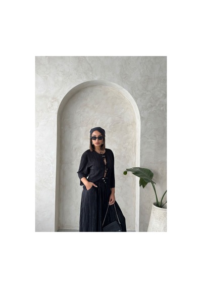 Verymoda Önden Bağlamalı Plise Gömlek - F1739 Siyah