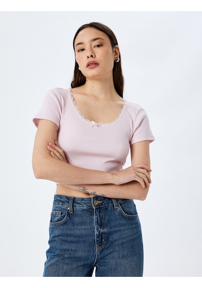 Koton Fiyonklu Crop U Yaka Slim Fit Kısa Kollu Tişört Pembe 5sal10194ık Gül