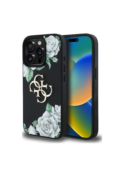 Apple Uyumlu iPhone 15 Pro Max Kılıf Guess Lisanslı Gül Baskılı Büyük Metal Logo Dizaynlı Kapak Siyah