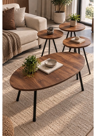 Sulorahome Ceviz Desenli Metal Ayaklı 4'lü Sehpa Seti