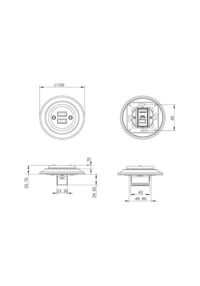 Sıva Altı Porselen Retro Usb Priz 2 Li Set Beyaz