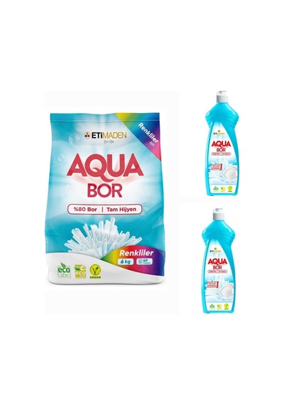 Aquabor Doğal Mineralli Renkliler İçin Çamaşır Deterjanı 6 Kg + 2adet Elde Yıkama Bulaşık Deterjan 67996992