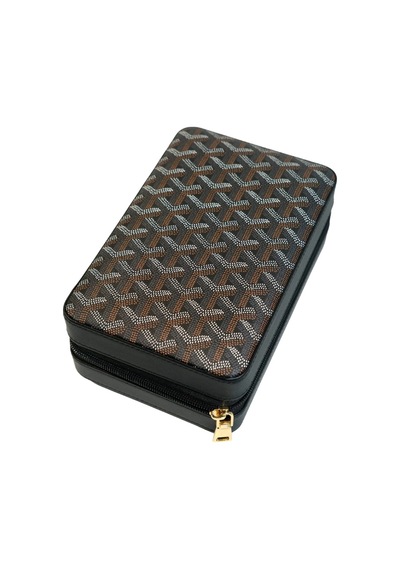 Cohiba Çakmak Kesicili Goyard Desenli Siyah Deri Puro Taşıma Çantası & Seyahat Humidoru