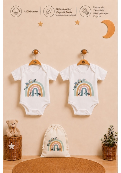 Pia Baby Erkek Bebek İsme Özel Hediye Seti 2'li %100 Pamuk Organik Baskılı Body Zıbın Ve Ham Bez Kıyafet Kesesi 1074b2k0x Krem