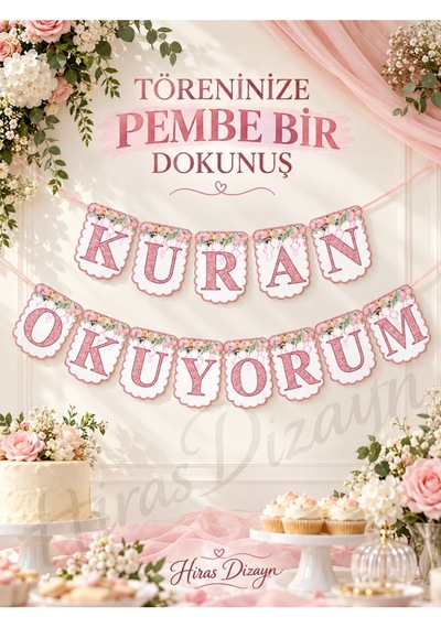 Hiras Dizayn Pembe Kuran Okuyorum İpli Banner Seti 13 Harfli Çiçek Desenli Duvar Süsü Standart